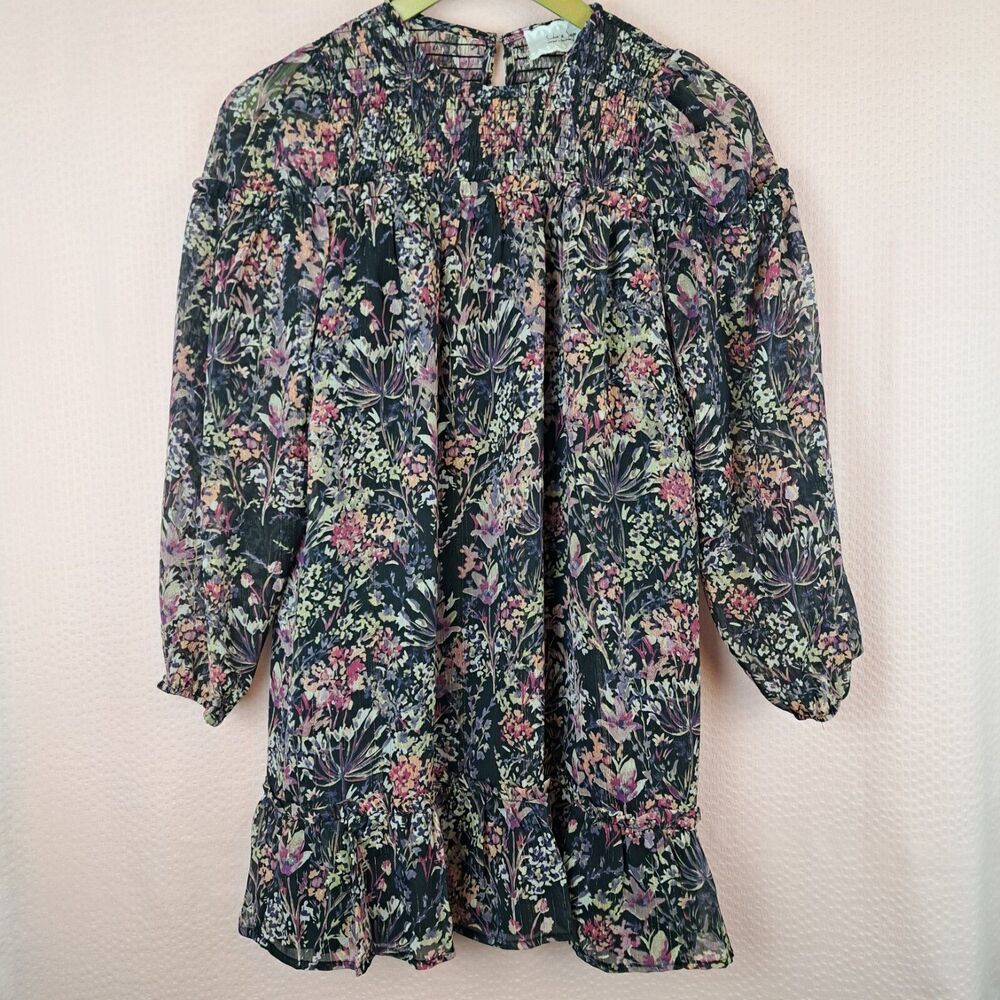 Sadie and Sage Mini Dress Long Sleeve Metallic Ruffles Size M Junior Floral
